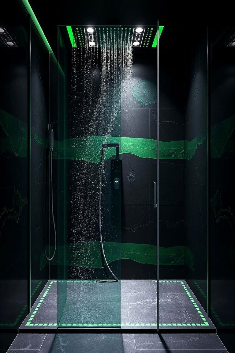 Stylish Black Shower with Green Tones - 24 Black and Green Bathroom Ideas
