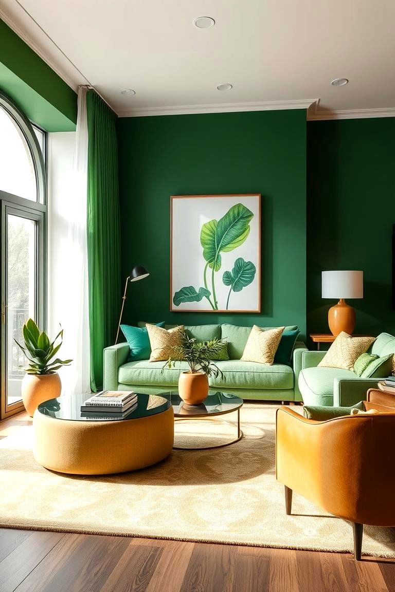 Stylish Contrast with Bright Green Decor and Subtle Gold Highlights - 24 Green and Gold Living Room Ideas