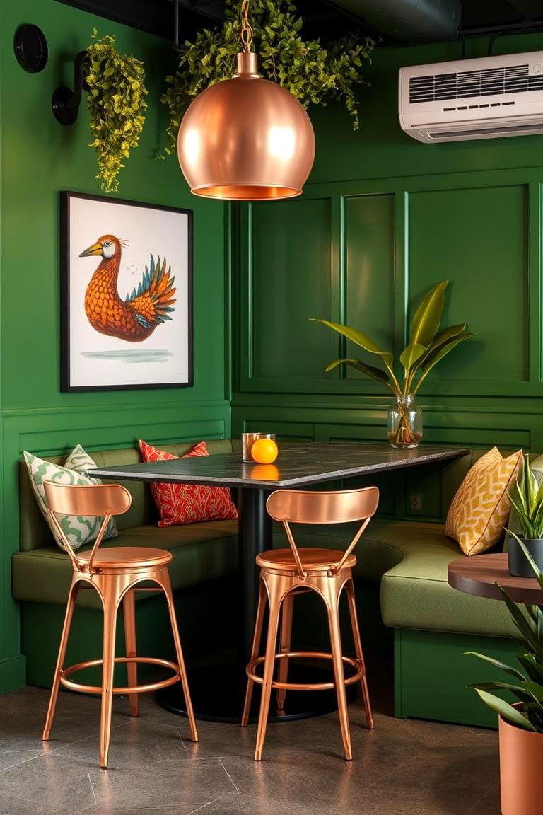 Stylish Copper Bar Stools in a Green Dining Nook - 24 Green and Copper Kitchen Ideas