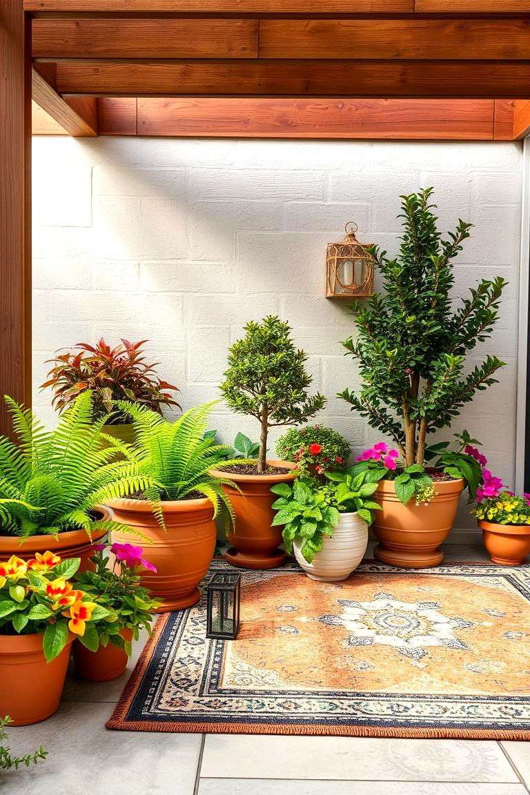 Stylish Outdoor Rug with Potted Plants - 24 Patio Garden Ideas