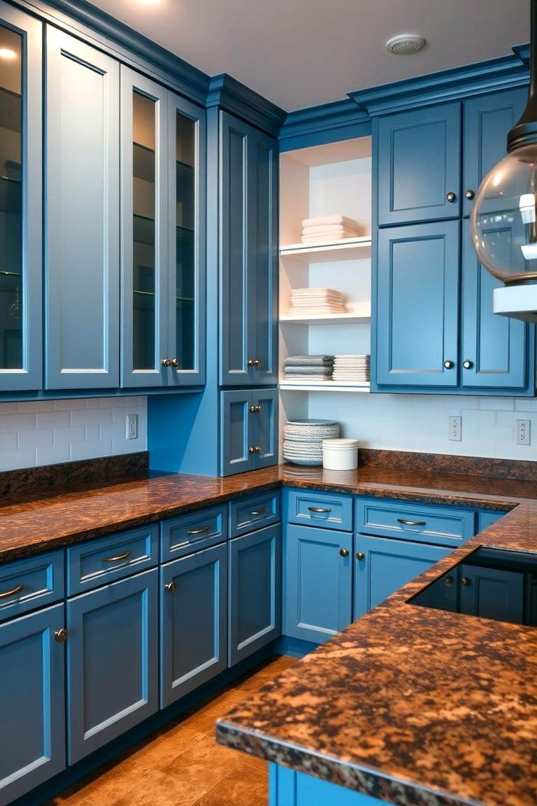 Stylish Storage and Organized Interiors - 24 blue kitchen cabinets with brown granite countertops