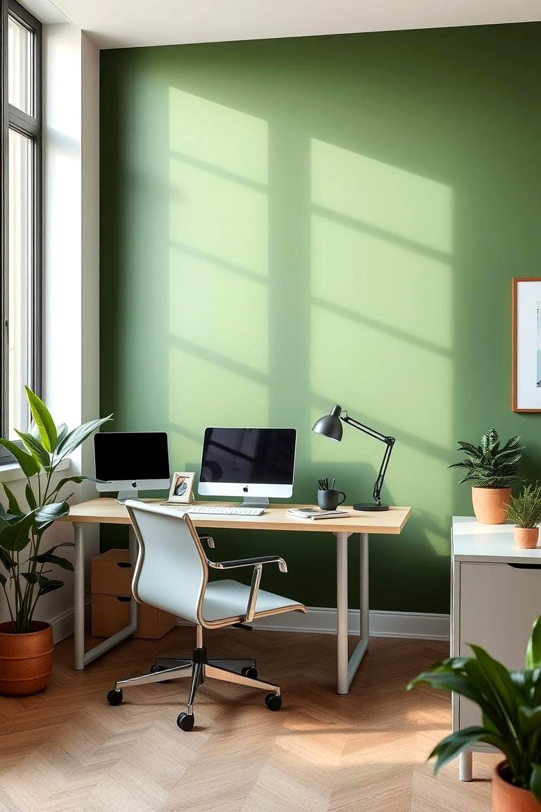 Subdued Green Accent Walls - 24 Dark Green Office Ideas and Inspiration