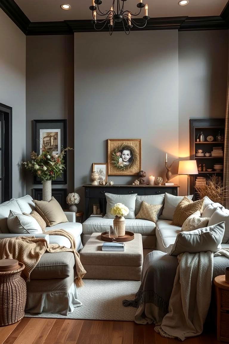 Subdued Warmth with Soft Accents - 24 Living Room With Grey Walls and Black Trim