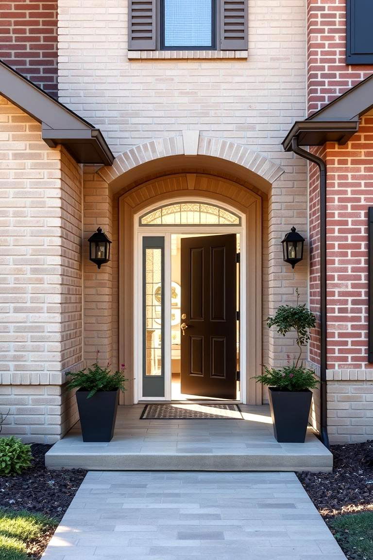 Subtle Beige Brick with Bold Entryway - 24 Beige Brick Exterior Home Ideas
