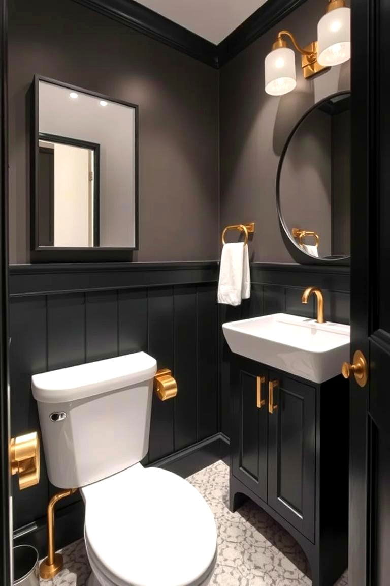 Subtle Black Accents with Bold Gold Hardware - 24 black and gold powder room ideas
