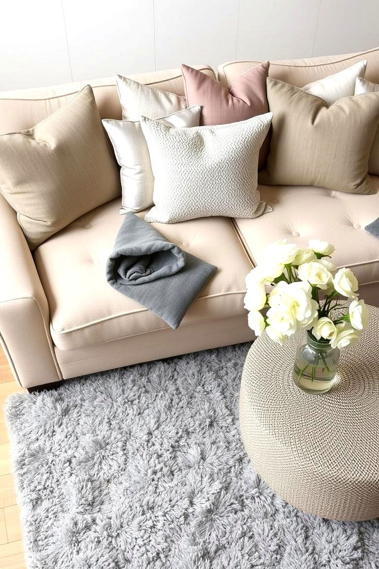 Subtle Contrast Grey Throw Pillows on a Beige Sofa - 24 Grey and Beige Living Room Ideas