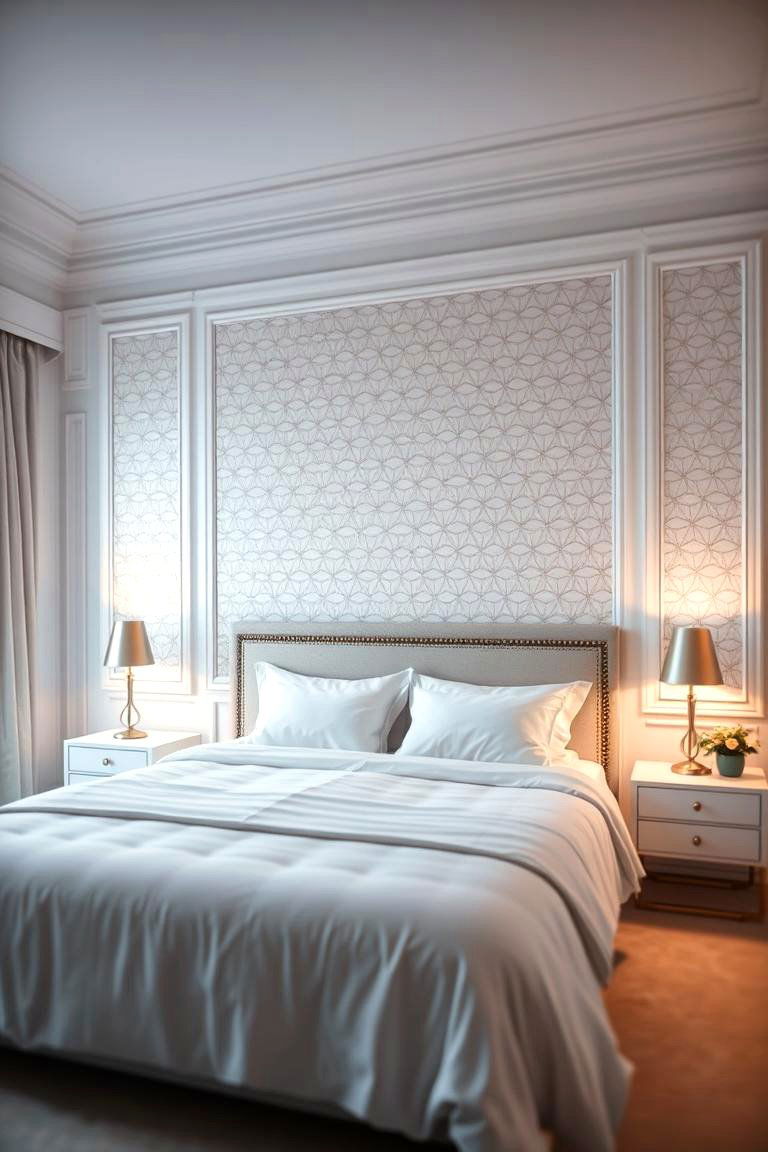 Subtle Gold Wallpaper on an Accent Wall - 24 White and Gold Bedroom Ideas