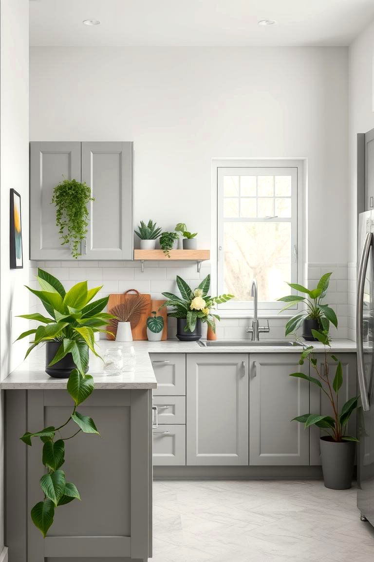 Subtle Gray with Greenery for a Natural Lush Feel - 24 Gray Kitchens