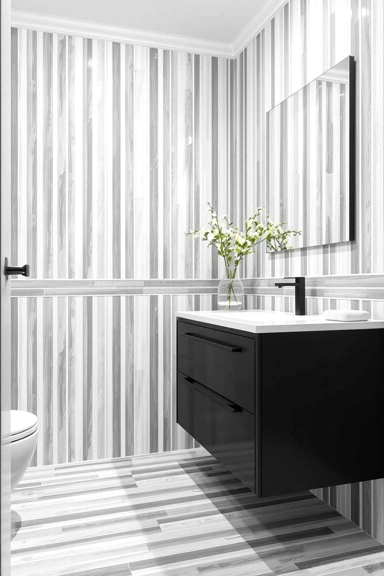 Subtle Grey and White Stripes for a Minimalist Design - 24 Grey Tile Bathroom Ideas