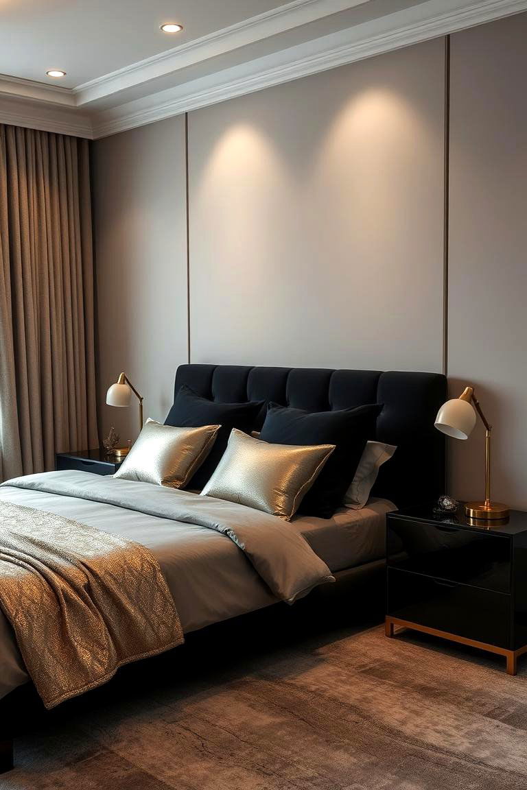 Subtle Metallic Accents - 24 Black and Beige Bedroom Design Ideas