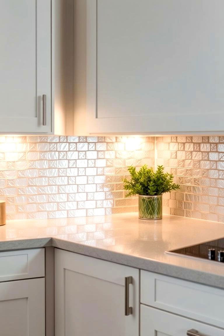 Subtle Metallic Touch - 24 White Cabinet Kitchen Backsplash Ideas