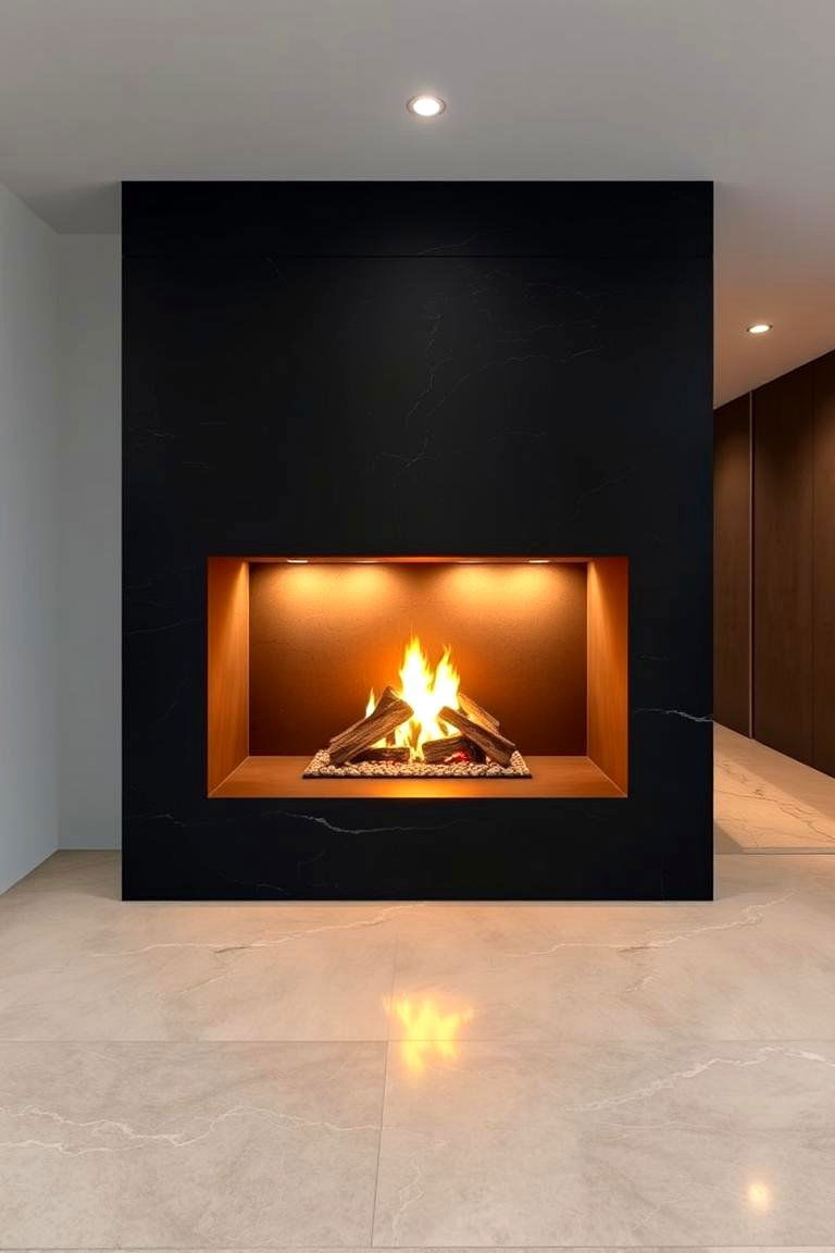 Subtle Modern Warmth - 24 Black Stone Fireplace Ideas