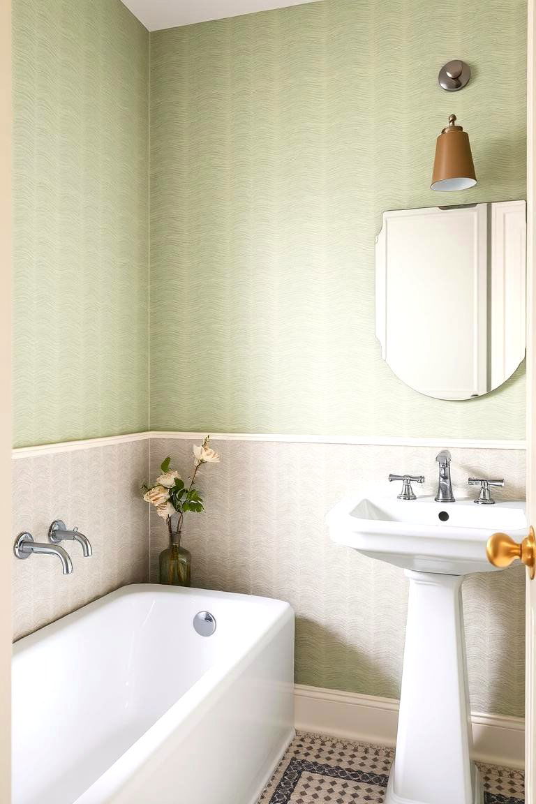 Subtle Patterned Walls - 24 Sage Green and Cream Bathroom Ideas