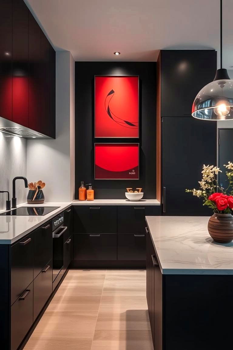 Subtle Red Art Displays - 24 red and black kitchen ideas
