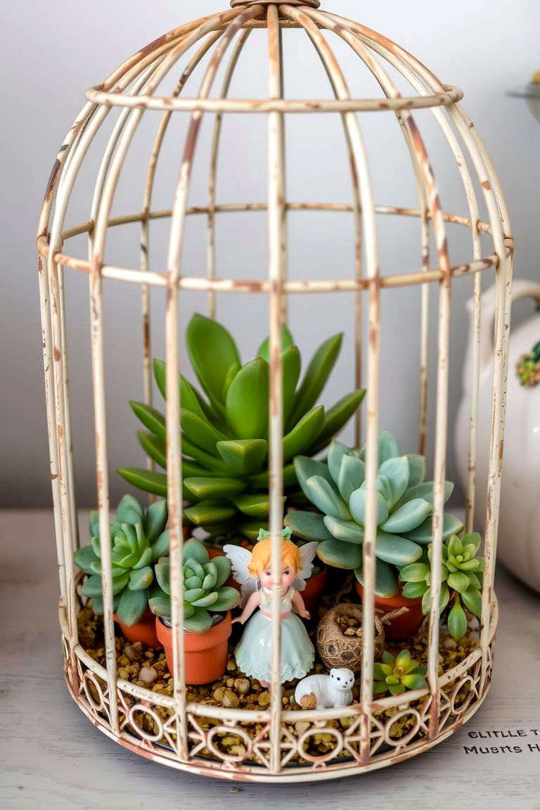 Succulent Fairy Garden in a Birdcage - 24 Fairytale Wedding Ideas
