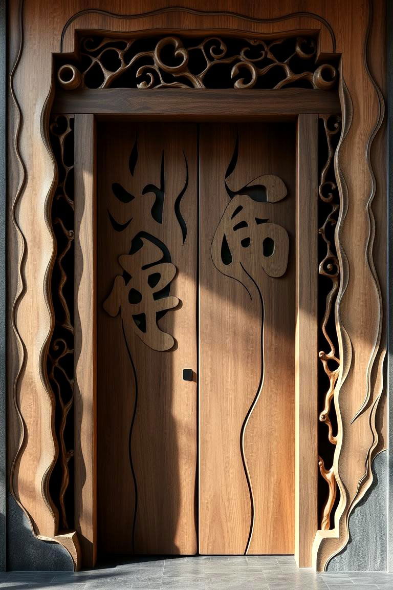 Sumi e Ink Style Carved Gate - 24 Japanese Garden Gate Design Ideas