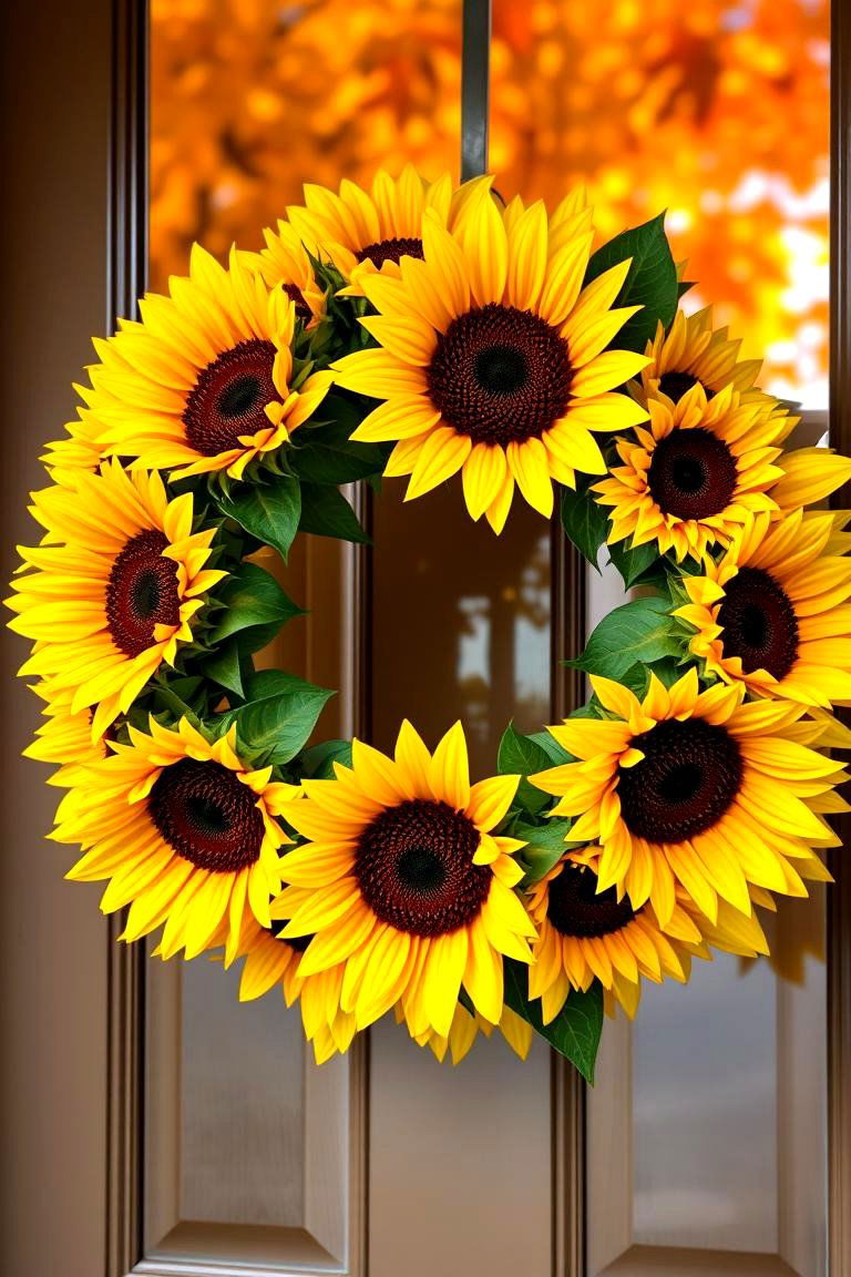 Sunflower Wreath - 24 Front Door Fall Decor Ideas