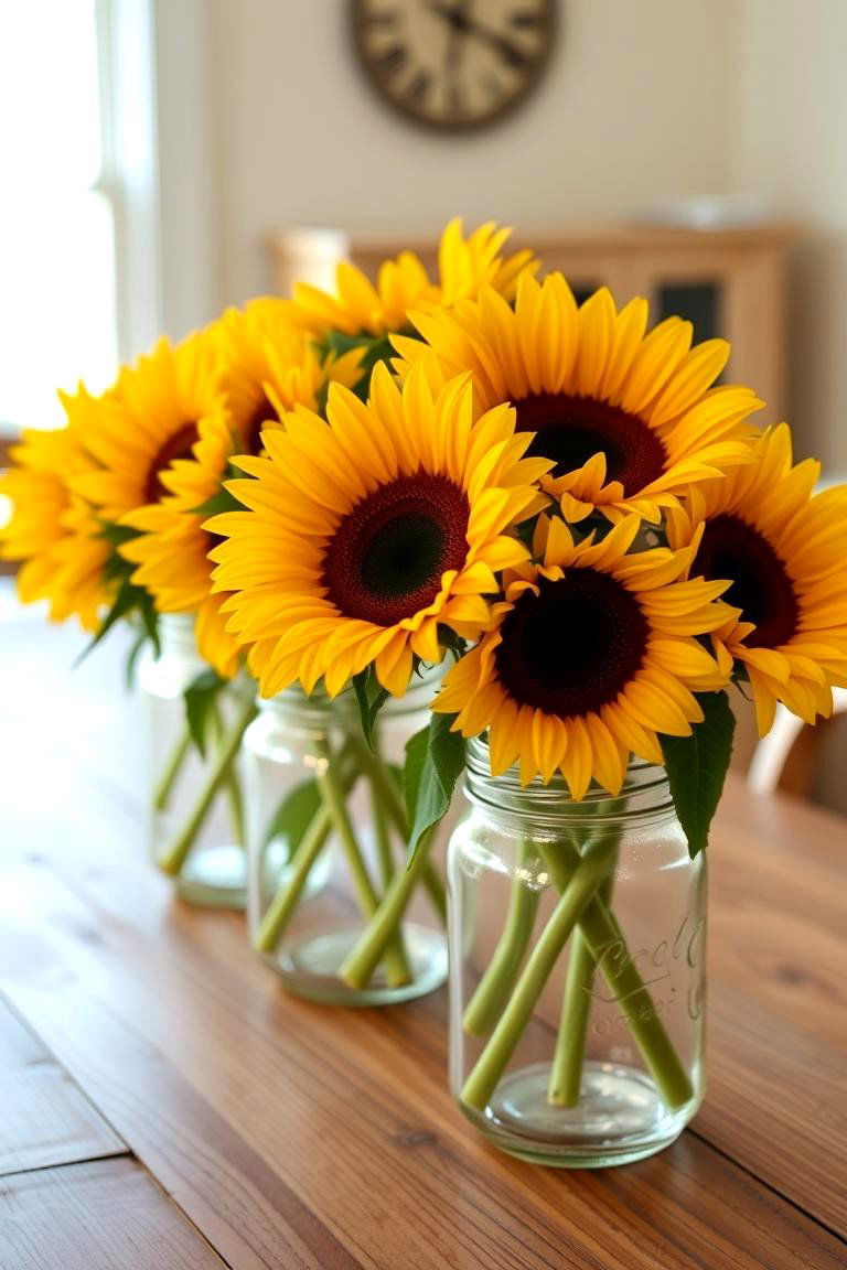 Sunflower and Mason Jar Display - 24 Flower Centerpiece Ideas