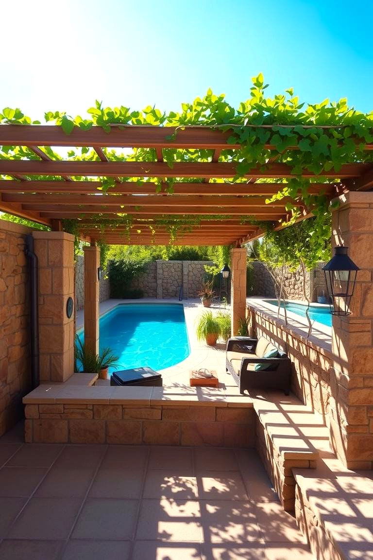 Sunken Seating Area with Overhead Shade - 24 Pool Shade Ideas