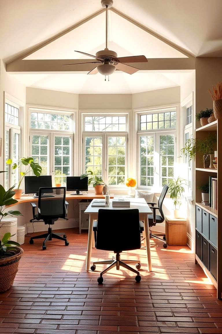 Sunlit Workspace - 24 Brick Floor Sunroom Ideas