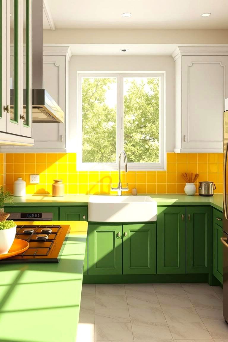 Sunlit Yellow Backsplash with Green Countertops - 24 Green and Yellow Kitchen Ideas