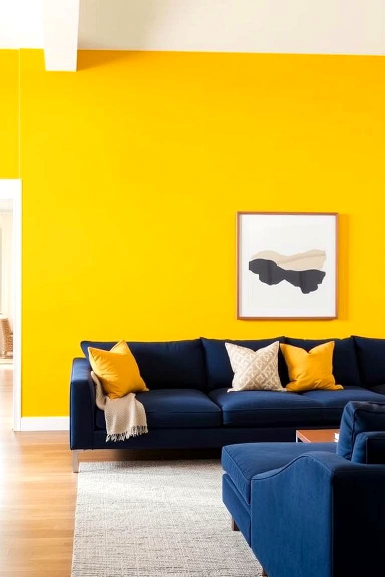 Sunny Yellow Accent Wall with Navy Blue Sofa - 24 Yellow and Blue Living Room Ideas