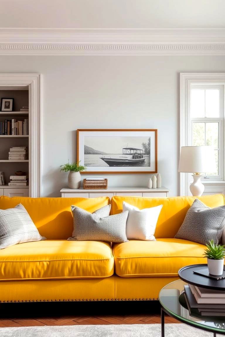 Sunny Yellow Couch with Gray Walls - 24 Yellow Couch Living Room Ideas