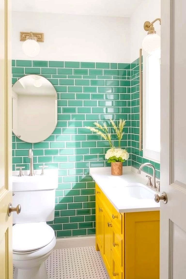 Sunny Yellow Vanity with Emerald Green Tiles - 24 Yellow and Green Bathroom Ideas