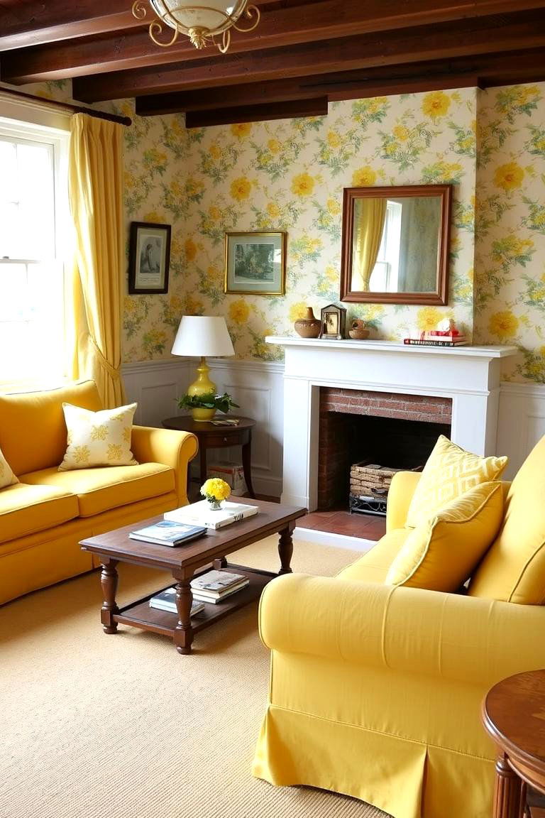 Sunny Yellow with Floral Wallpaper - 24 Yellow Couch Living Room Ideas