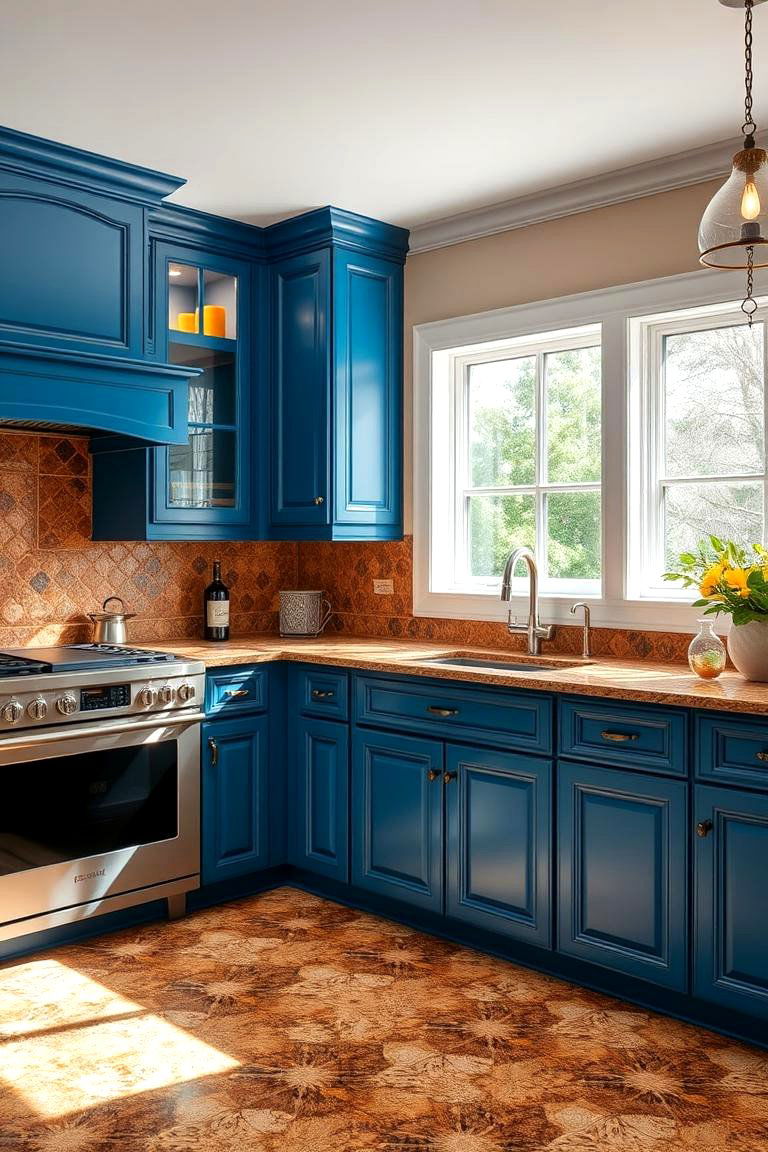 Superior Craftsmanship and Enduring Style - 24 blue kitchen cabinets with brown granite countertops