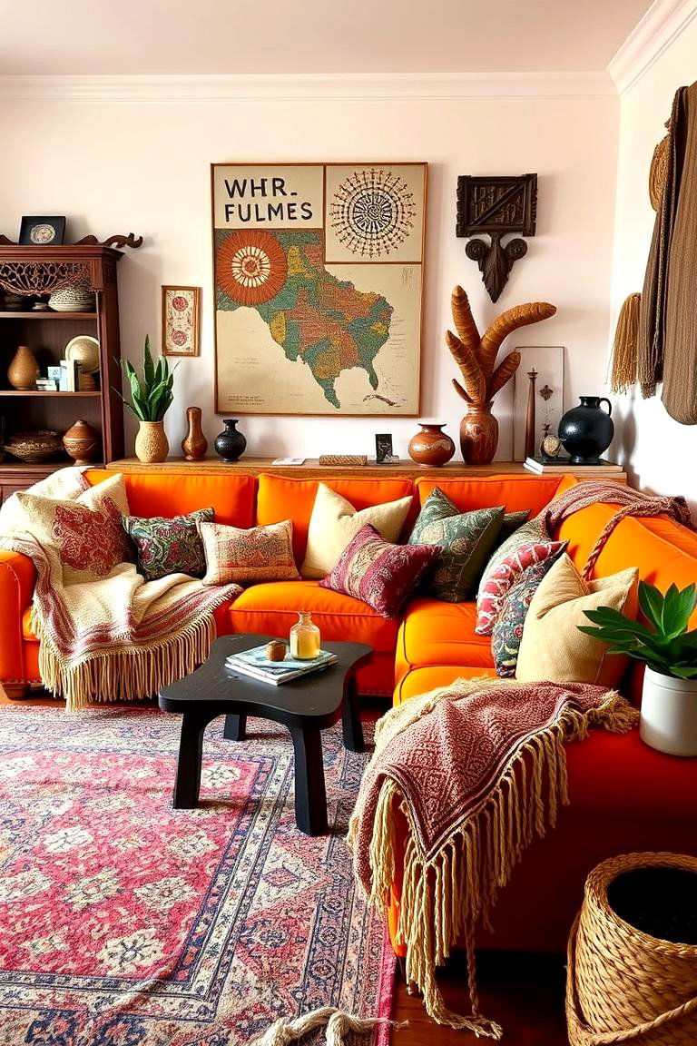Surprisingly an orange couch can work well in a bohemian inspired space - 24 Orange Couch Living Room Ideas