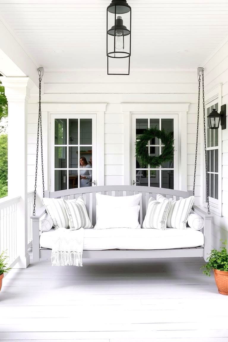 Swing Bed on the Porch - 24 White Farmhouse With Wrap-around Porch Ideas
