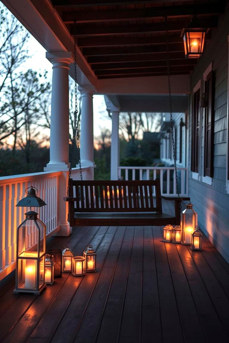 Swing with Lantern Lighting - 24 Front Porch Swing Ideas