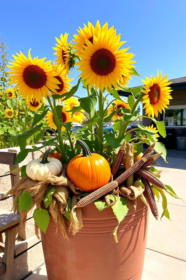 Tall Sunflowers with Harvest Accents - 24 Fall Planter Ideas
