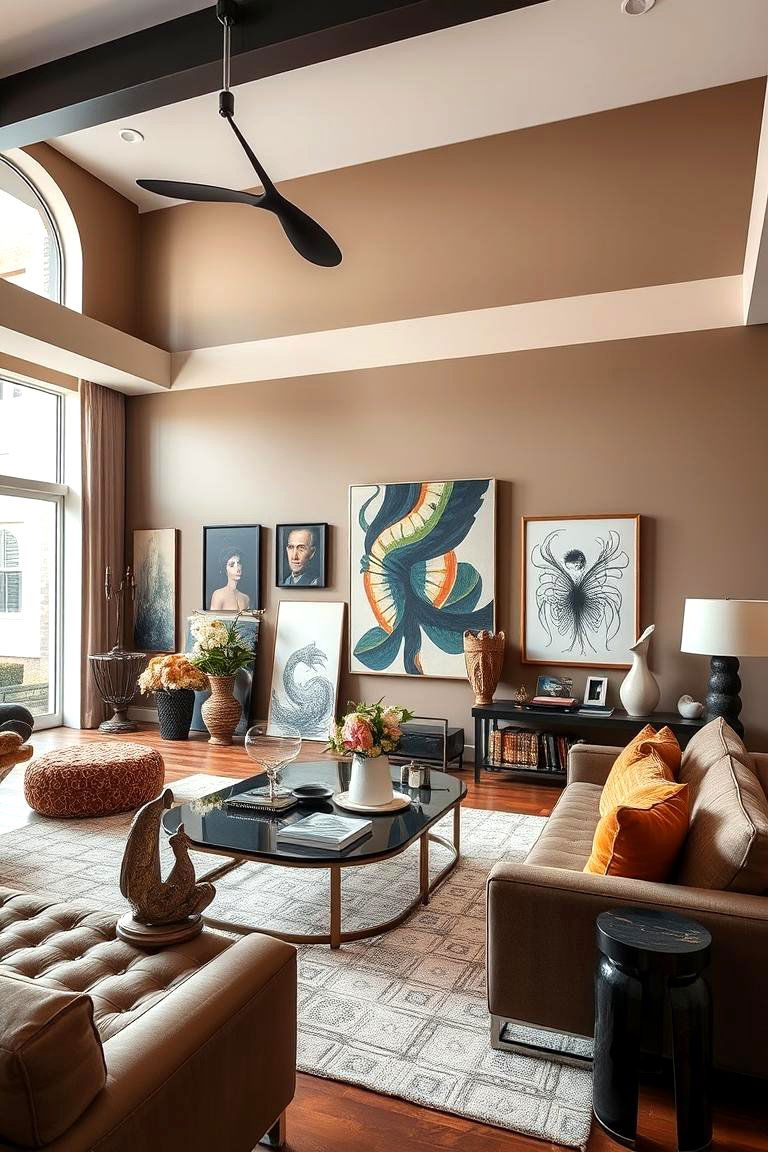 Taupe Living Room with Artistic Flair - 24 Taupe Living Room Ideas