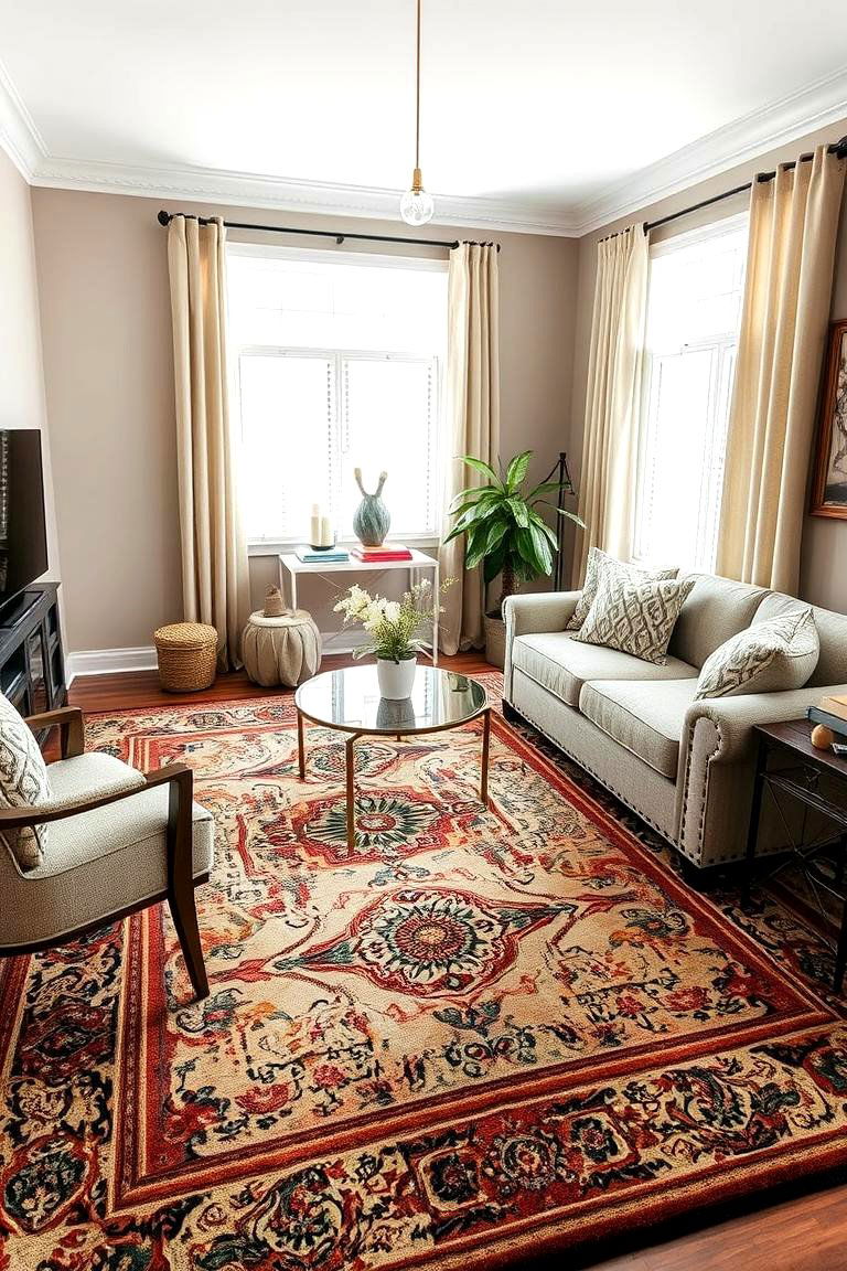 Taupe Neutrality with Patterned Rugs - 24 Taupe Living Room Ideas