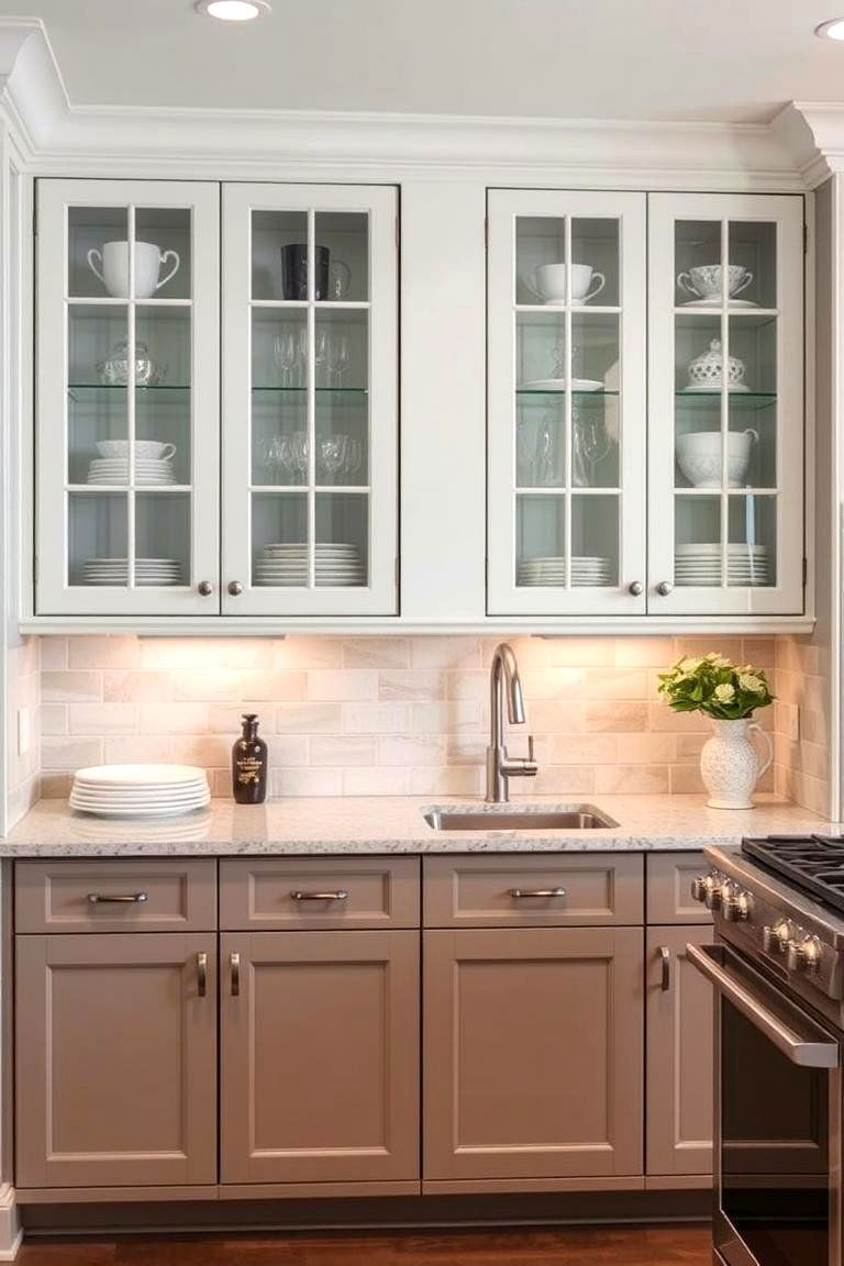 Taupe and Glass Front Cabinets - 24 Two Tone Kitchen Cabinet Ideas