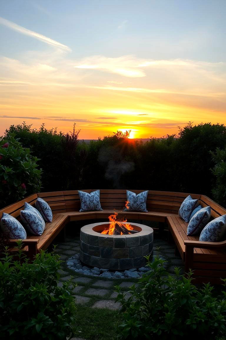 Teak Bench with Pillows - 24 Fire Pit Seating Ideas