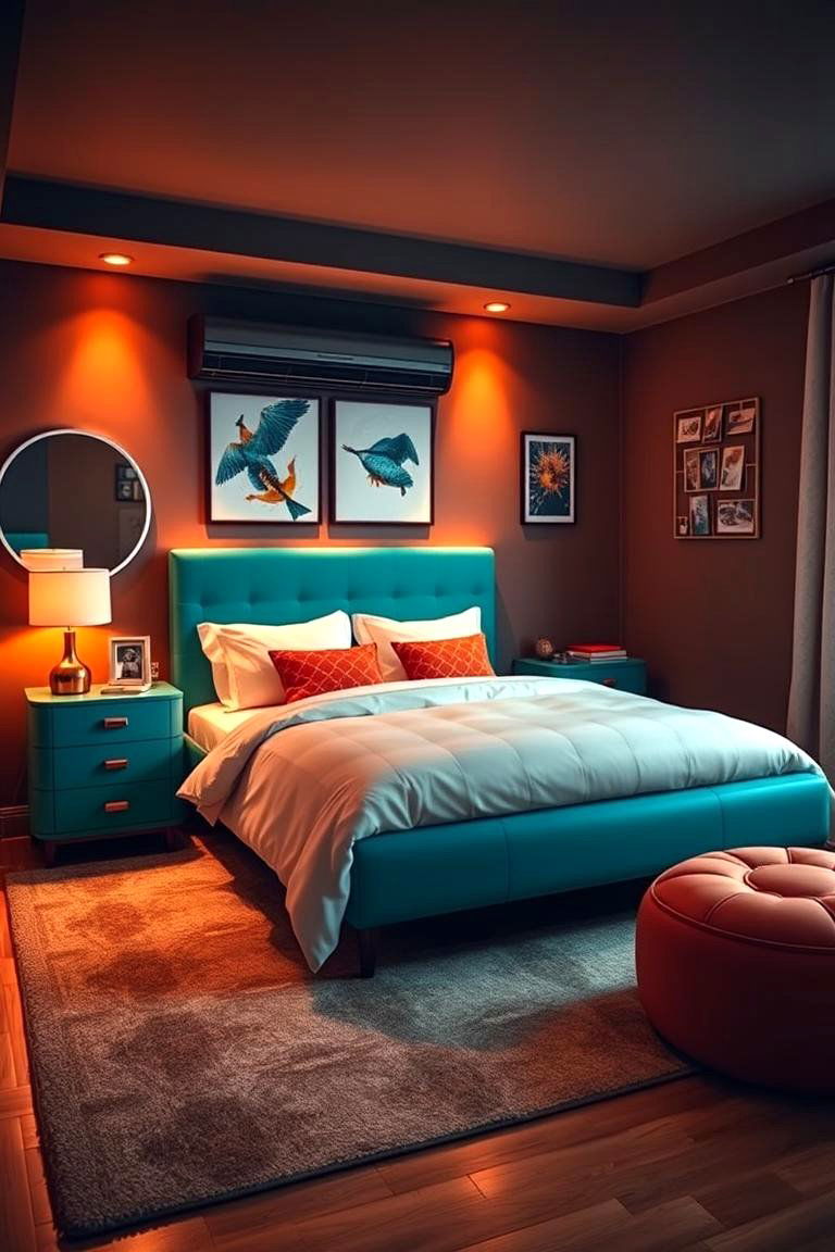 Teal Accent Furniture with Orange Lighting - 24 Teal and Orange Bedroom Ideas