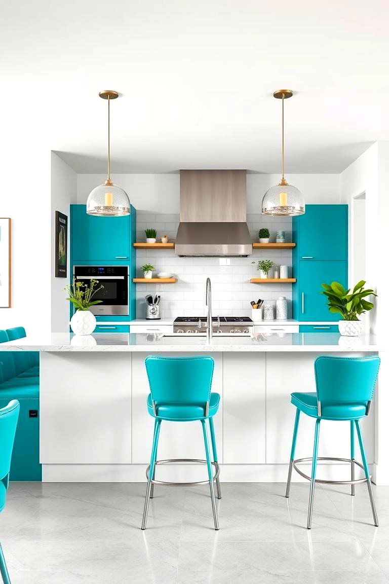 Teal Bar Stools and Seating - 24 Teal and White Kitchen Ideas