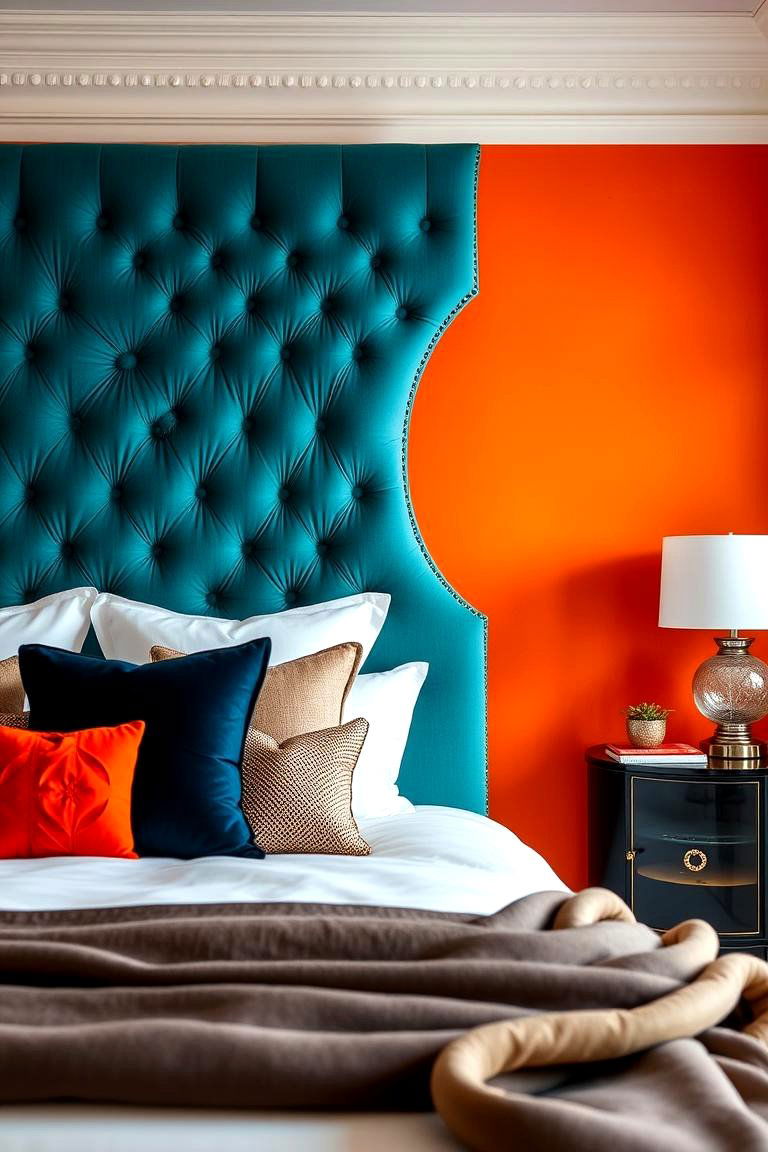 Teal Bed Headboard with Orange Backdrop - 24 Teal and Orange Bedroom Ideas