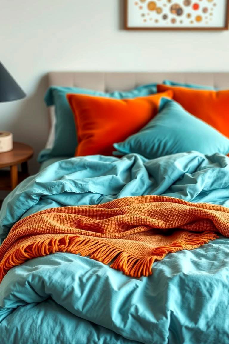 Teal Bed Linen and Orange Cushions - 24 Teal and Orange Bedroom Ideas
