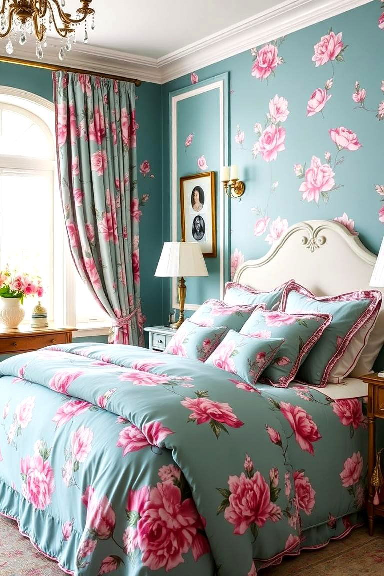 Teal Bedding with Pink Floral Prints - 24 Teal and Pink Bedroom Ideas