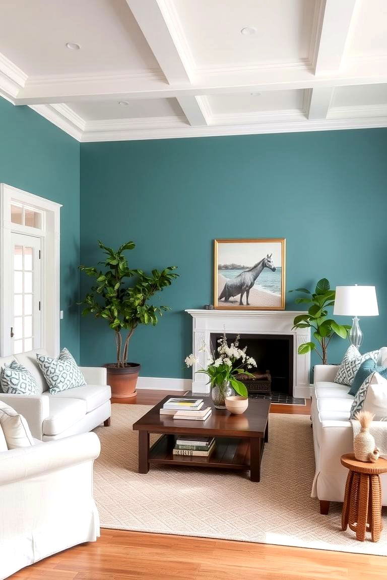 Teal Blue Living Room with White Trim - 24 Blue Room Ideas