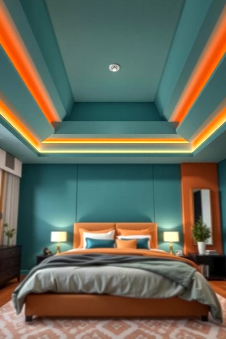 Teal Ceiling Features with Orange Details - 24 Teal and Orange Bedroom Ideas