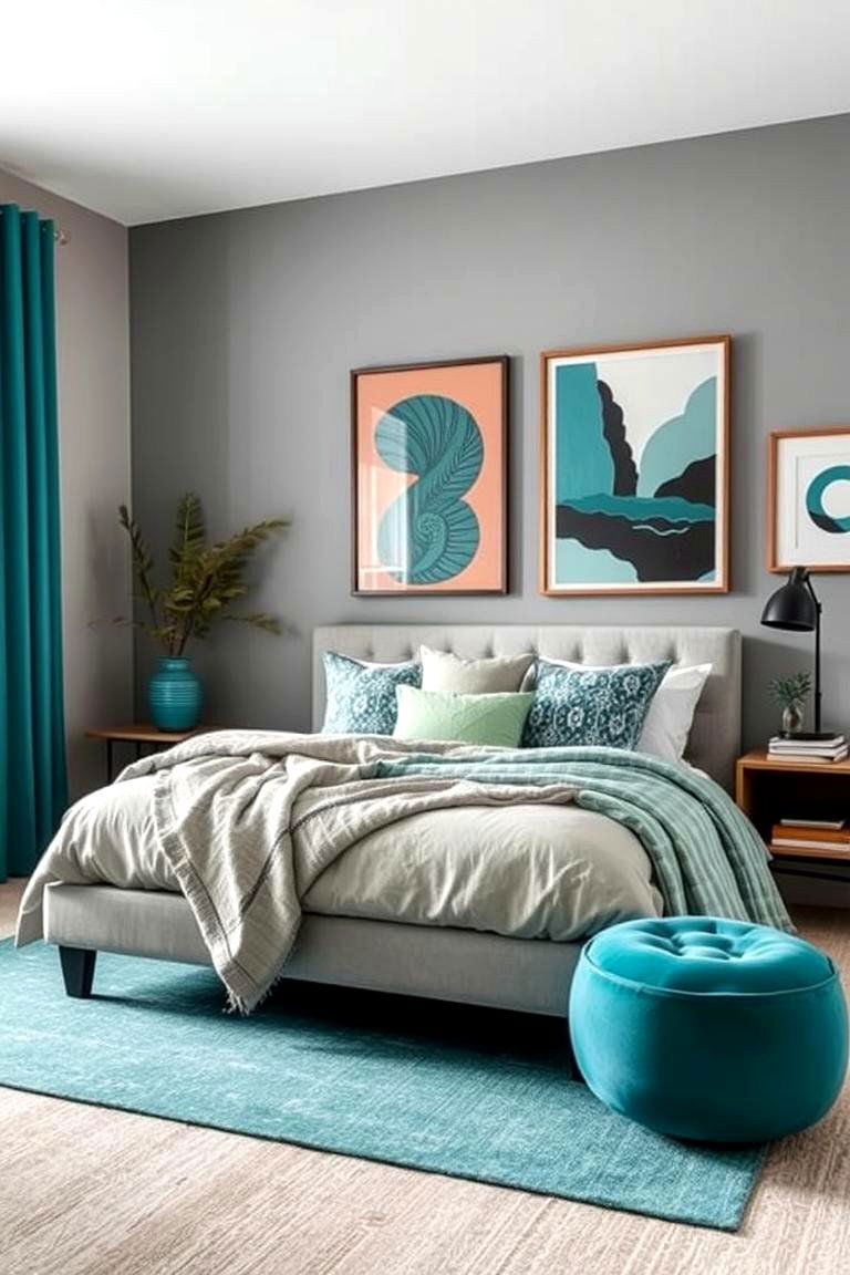 Teal Decor and Art Pieces - 24 Teal and Grey Bedroom Ideas