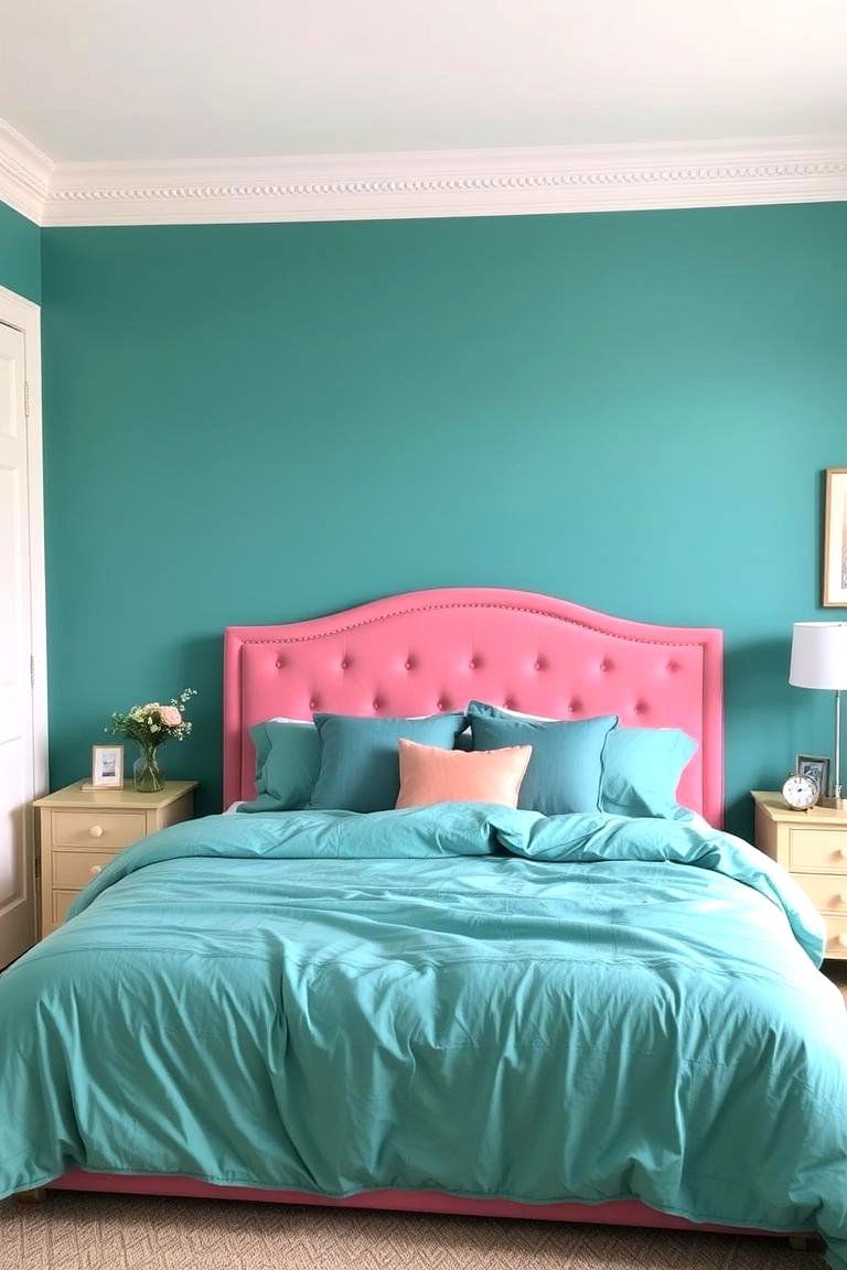 Teal Duvet Cover with Pink Headboard - 24 Teal and Pink Bedroom Ideas