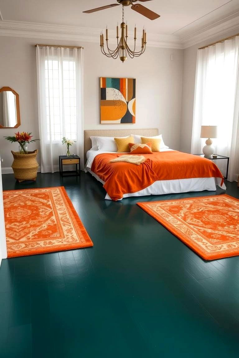 Teal Flooring with Orange Rugs - 24 Teal and Orange Bedroom Ideas
