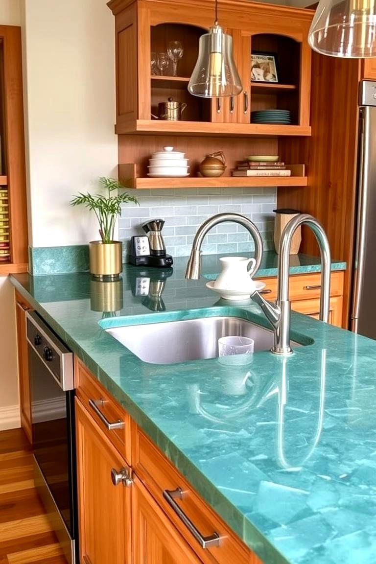 Teal Green Recycled Glass Countertops for an Eco Conscious Design - 24 Kitchen With Green Countertops Ideas