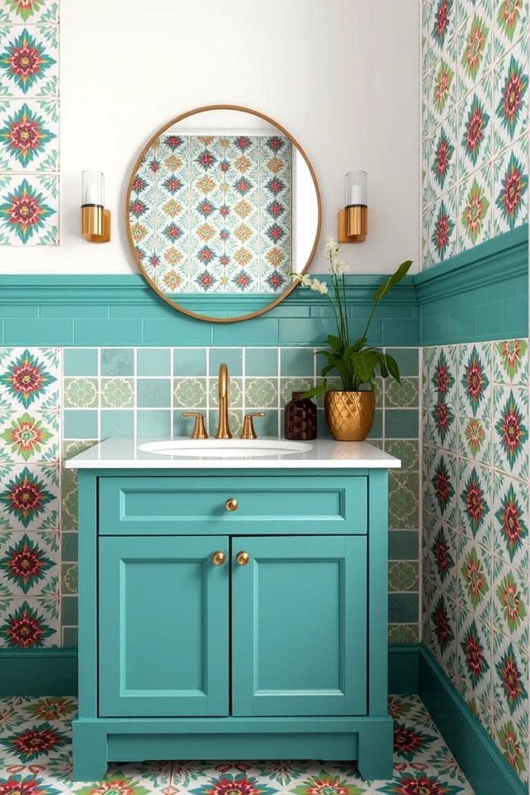 Teal Green Vanity with Patterned Tiles - 24 Bathroom With Green Vanity